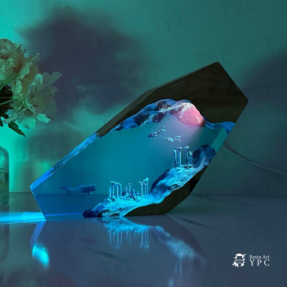 Lost Atlantis City Resin Wood Night Light, Diver & Dunkleosteus