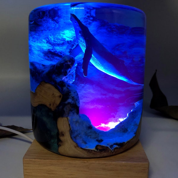 Whale Night Lights With USB LED base, Epoxy Resin Wood Colored Light Lamp, home decor unique gift