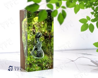 Mystical Forest Snake Girl Table Lamp: Handcrafted Ambient Night Light, Unique Wood and Resin Artwork, Eco-Friendly Home Decor, Perfect Gift