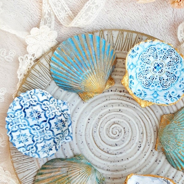 Scallop Shell Ring Dish | Windmills | Antique Vintage Tile Pattern  | Shell Trinket Dish | Sky Blue