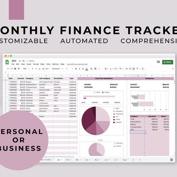 Customizable Finance Tracker | Monthly Budget Dashboard | Income and Wealth Management | Business Expenses | Multi-Year | Google Sheets