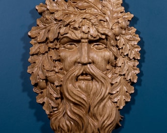 3D Green Man Wood Carving – Oak Wall Art – Forest Spirit Decor