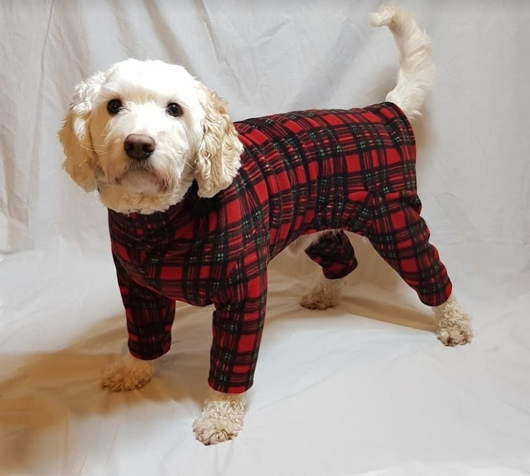 Polar Fleece Dog Suit, Embroidered With or Without Name Red Tartan Custom Made to Fit Your Dog