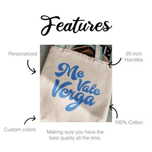 以下が含まれることがあります： 「Me Vale Verga」と青い文字がプリントされたクリーム色のトートバッグ。 バッグには50.8cmのハンドルが付いており、綿100％です。 画像には「特徴」、「パーソナライズ」、「カスタムカラー」という言葉も含まれています。