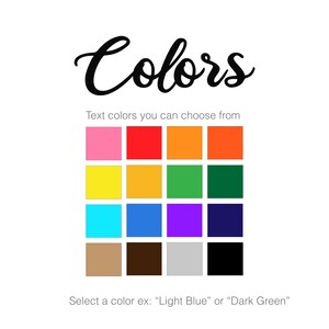 以下が含まれることがあります： 白の背景に、黒の筆記体で「Colors」という文字。その下に、ピンク、赤、オレンジ、黄色、緑、青、紫、茶色、黒など、16色のカラーサンプルがグリッド状に表示されています。グリッドの下には「Text colors you can choose from」と書かれています。