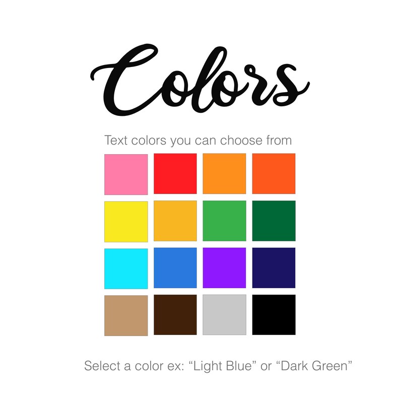 以下が含まれることがあります： 白の背景に、黒の筆記体で「Colors」という文字。その下に、ピンク、赤、オレンジ、黄色、緑、青、紫、茶色、黒など、16色のカラーサンプルがグリッド状に表示されています。グリッドの下には「Text colors you can choose from」と書かれています。