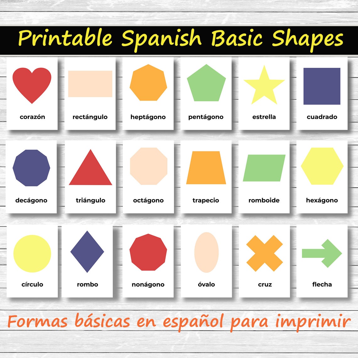 Basic and Geometric Shapes Flashcards in Spanish Flashcards Etsy