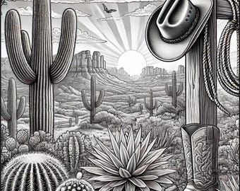 Adult Coloring Page - Western Cactus Theme