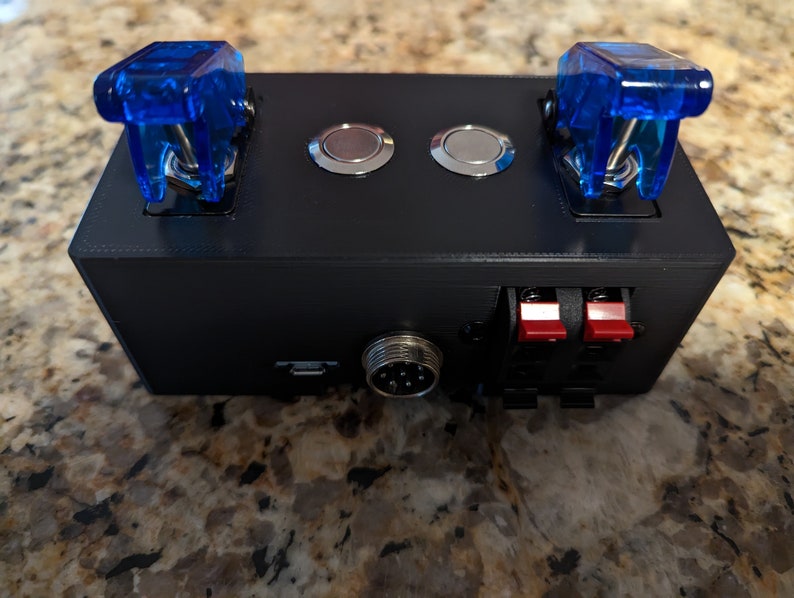 May include: A black box with two blue toggle switches, two round silver buttons, and two red toggle switches. The box has a connector on the side.