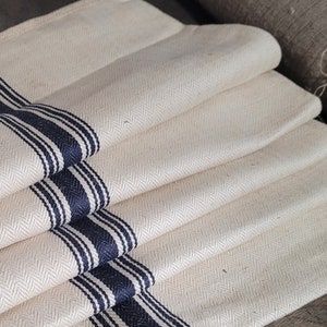 Antique German Linen Sack, Blue Stripe, Grain Sack, Oat Herringbone Fabric, Farm Table. Gorgeous Upholstery, Bedding, Pillows, ca. 1920