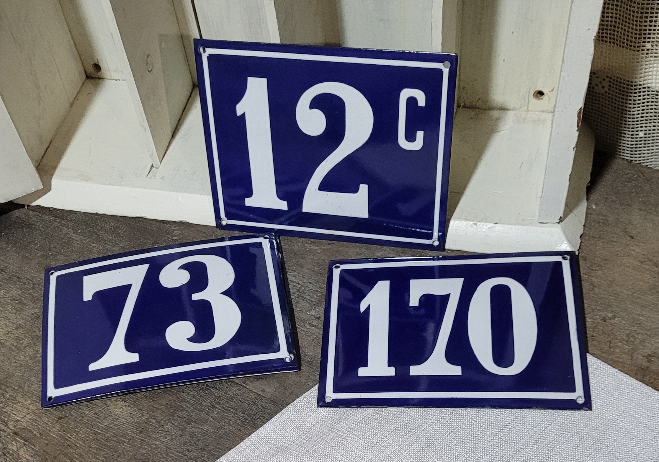 Antique Vintage French House Numbers, Enamel Signs, Blue and White