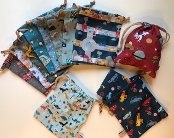 Sac en tissu motifs pour garçons, pochons à coulisses : 3 tailles disponibles