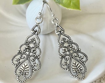 Silver Boho Earrings, Filigree Dangle Earrings, Long Boho Earrings, Bohemian Earrings, Statement Earrings, Gift for Her