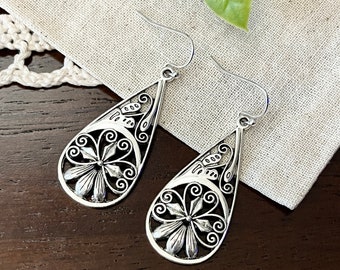 Silver Flower Drop Earrings, Boho Teardrop Earrings, Filigree Dangle Earrings, Silver Floral Earrings, Boho Flower Dangle Earrings, Gifts