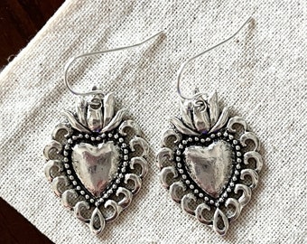 Mexican Sacred Heart Earrings, Milagro Dangle, Large and Silver Plated Charm, Gifts for Women