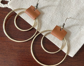 Antique Gold and Leather Hoop Earrings, Folded Leather, Hypoallergenic, Brown Leather, Drop Earrings, Statement Earrings, Jewelry Gifts