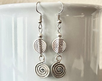 Silver Doublet Spiral Dangle Earrings, Ethnic Drop Earrings, Jewelry Gifts