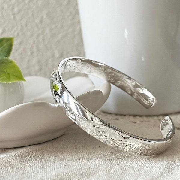 Floral Leaf Hammered Silver Bracelet Open Bangle Adjustable,Textured Floral Cuff Bracelet,Stackable Bangle,Statement,Bangle, Jewelry Gifts