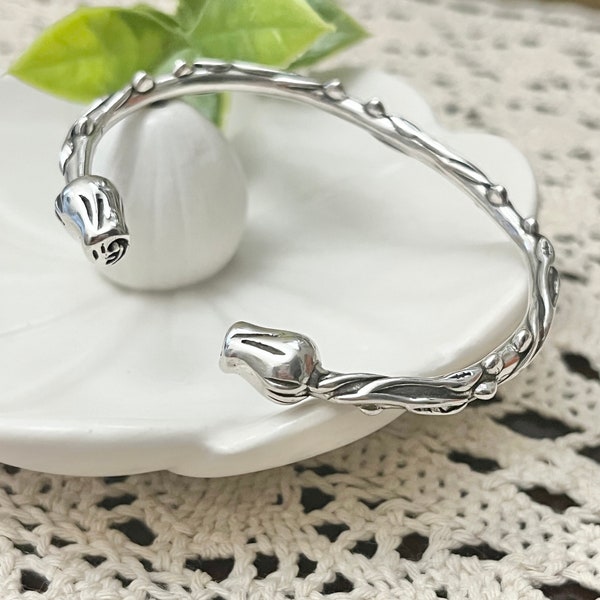 Rose and Thorns Cuff Bracelet , 925 Silver Plated, Adjustable Cuff, Floral Rose Bangle Cuff, Fairytale Style, Jewelry Gifts