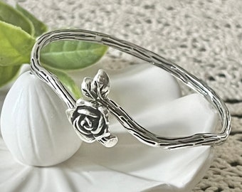 Rose Bud Stem Cuff Bracelet, Rose Flower Bracelet, Silver Bracelet, 925 Silver Plated