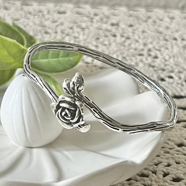 Rose Bud Stem Cuff Bracelet, Rose Flower Bracelet, Silver Bracelet, 925 Silver Plated