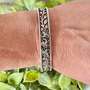 Rose Bangle, Silver Rose Cuff Bracelet, Flower Engraved Bangle Bracelet, Silver Cuff, Silver Bracelet, Silver Plated, Vintage Bracelet image 3