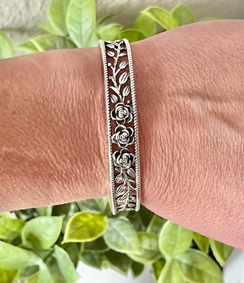 Rose Bangle, Silver Rose Cuff Bracelet, Flower Engraved Bangle Bracelet, Silver Cuff, Silver Bracelet, Silver Plated, Vintage Bracelet image 3