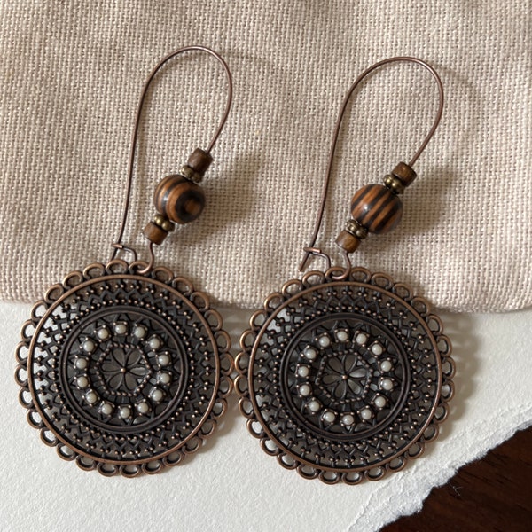 Boho Bronze Dangle Earrings * Drop Earrings * Ethnic Round Hanging Earrings * Statement Earrings