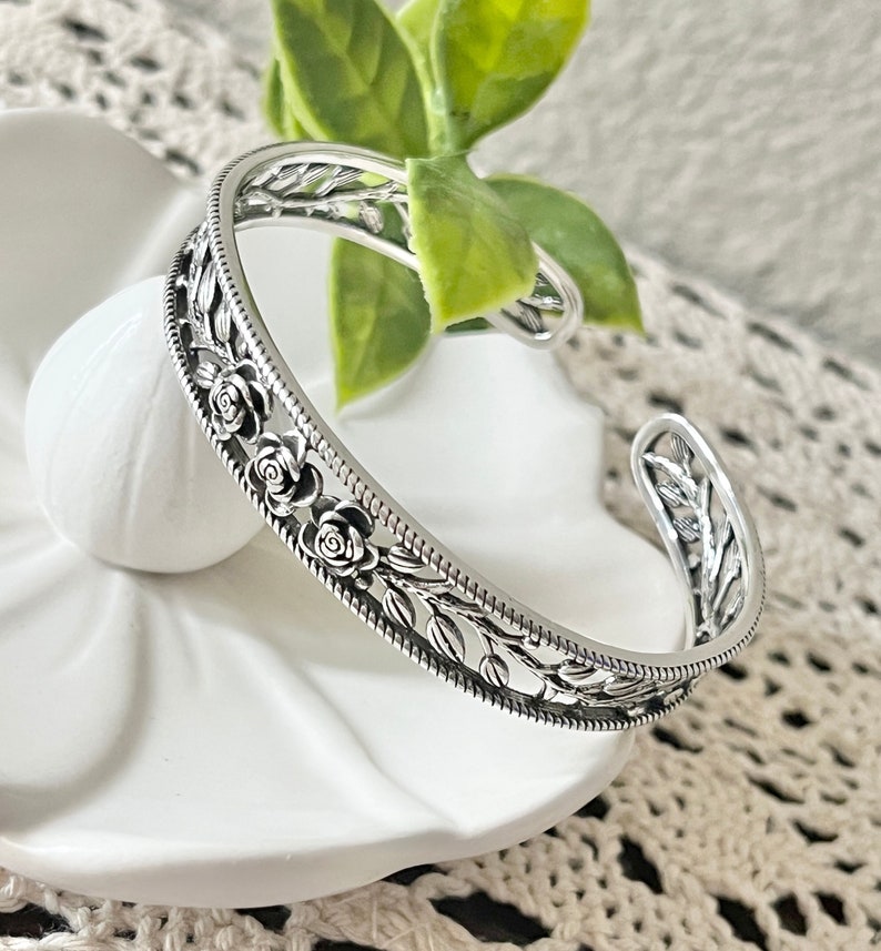 Rose Bangle, Silver Rose Cuff Bracelet, Flower Engraved Bangle Bracelet, Silver Cuff, Silver Bracelet, Silver Plated, Vintage Bracelet image 1