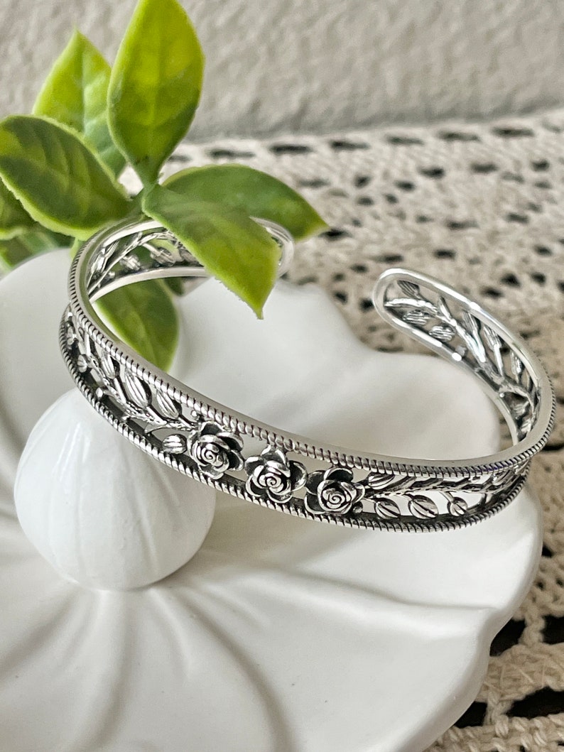 Rose Bangle, Silver Rose Cuff Bracelet, Flower Engraved Bangle Bracelet, Silver Cuff, Silver Bracelet, Silver Plated, Vintage Bracelet image 2