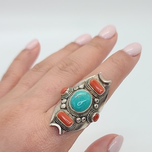 Unique Turquoise & Four Coral Sterling Silver Ring with Filigree details -- handmade in Nepal