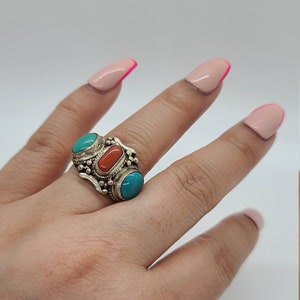 Unique 3 Stone Sterling Silver Ring | Turquoise | Coral | Handmade in Nepal