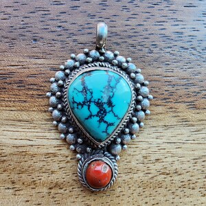 Sterling Silver Pendant with Natural Turquoise & Coral Stones | Handmade in Nepal