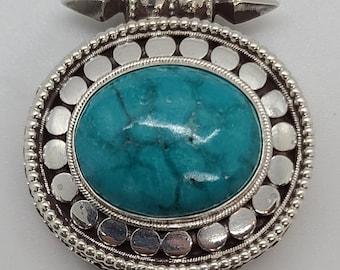 Beautiful Handmade Sterling Silver Nepali Locket Turquoise Pendant - MADE IN NEPAL