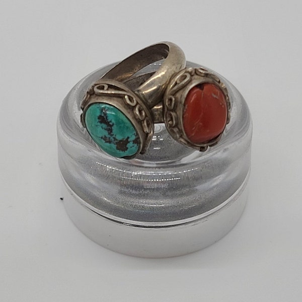 Vintage Style | Turquoise | Coral | Filigree Design Sterling Silver Rings -- Handmade in Nepal