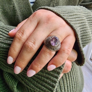 Unique Amethyst Sterling Silver Ring with Intricate Filigree Details | Handmade in Nepal