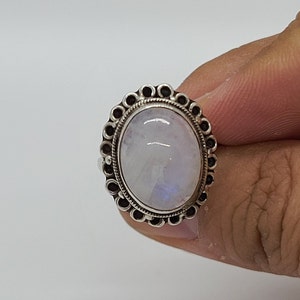 Floral Design Rainbow Moonstone Sterling Silver Ring - Size 6 1/2 US - Handmade in Nepal