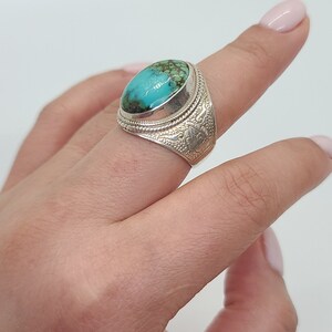 Natural Turquoise Sterling Silver Ring with Good Luck Filigree Details - handmade in Nepal