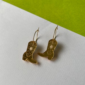 Small cowboy boot charms on small gold plated hoop earrings or silver, colourful acrylic laser cut gold