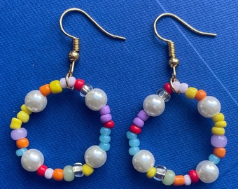 Handmade funky pearl and colourful glass seed bead circular drop earrings,gold plated hooks  for everyday wear, bright and summery gift idea