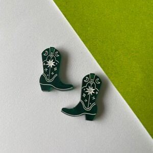 Small cowboy boot charms on small gold plated hoop earrings or silver, colourful acrylic laser cut emerald green