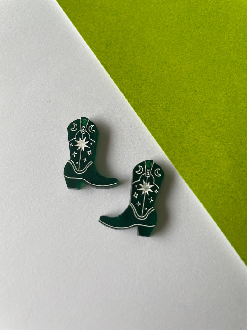 Small cowboy boot charms on small gold plated hoop earrings or silver, colourful acrylic laser cut emerald green