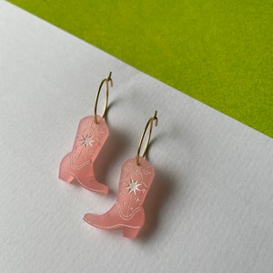 Small cowboy boot charms on small gold plated hoop earrings or silver, colourful acrylic laser cut pink