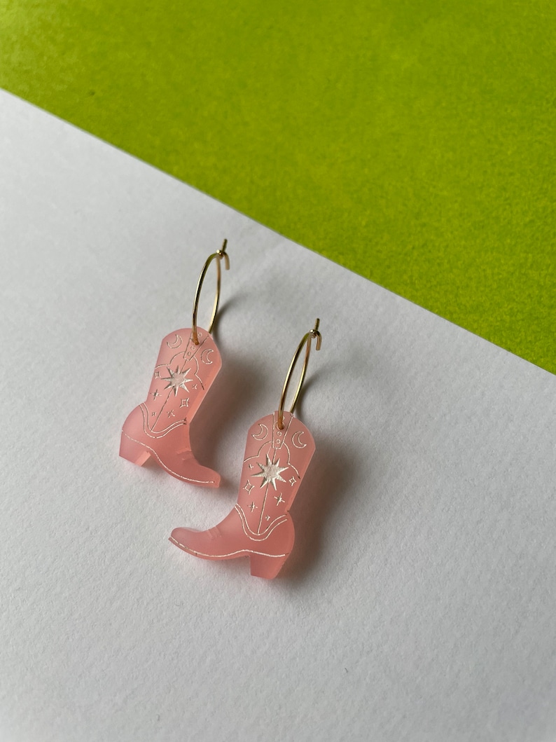 Small cowboy boot charms on small gold plated hoop earrings or silver, colourful acrylic laser cut pink