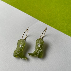 Small cowboy boot charms on small gold plated hoop earrings or silver, colourful acrylic laser cut green