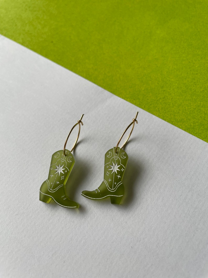 Small cowboy boot charms on small gold plated hoop earrings or silver, colourful acrylic laser cut green