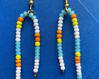 Handmade asymmetrical pearl and colourful glass seed bead drop earrings,gold plated hooks for everyday wear, bright and summery gift idea
