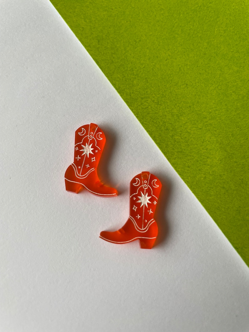 Small cowboy boot charms on small gold plated hoop earrings or silver, colourful acrylic laser cut orange
