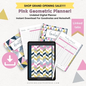 May include: A digital planner with a pink, blue and yellow geometric pattern. The planner includes sections for health, habits, goals and a monthly budget. The text "Linked tabs" is visible in the upper right corner of the image. The text "ASPRINKLE OF PURPOSE.COM" is visible at the bottom of the image.