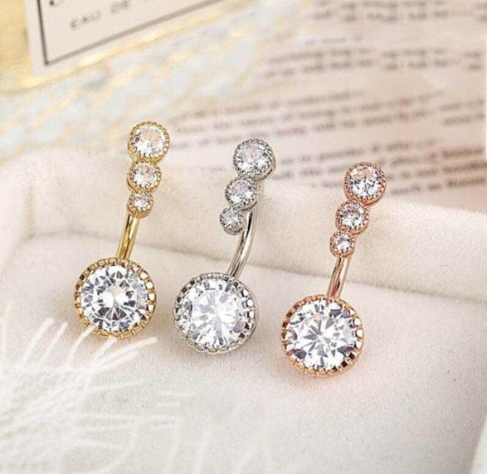 New Triple Stone Belly Bar Piercing Crystal Navel Ring 316L Surgical …